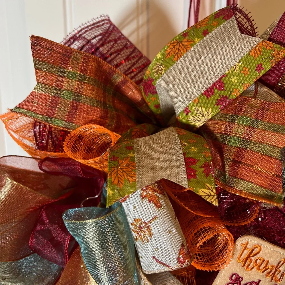 Autum Fall Ribbon Wreath Thankful Gnome Handmade 22 in’s. #W3